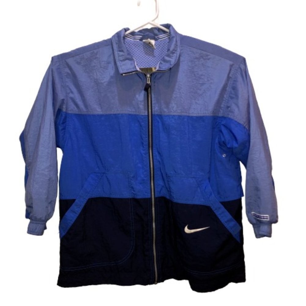 Nike Womens Large Blue Stripe Zip Front Pockets Lightweight Windbreaker Jacket L